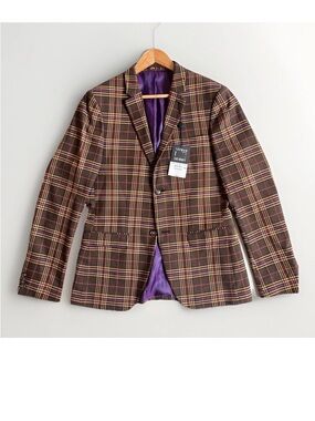 Topman Brown Plaid Sport Coat with Purple Lining
